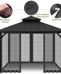 Heavy Duty 10x10 Canopy Mosquito Netting With Zipper Panels, 4-Panel Sidewalls, shown on a black gazebo with durable mesh.