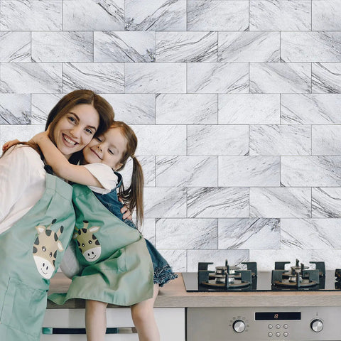 Woman and child in front of Just Peel And Stick Subway Tile Backsplash Kit 3x6 Inches Durable White Granite For Kitchen And Bathroom Easy DIY