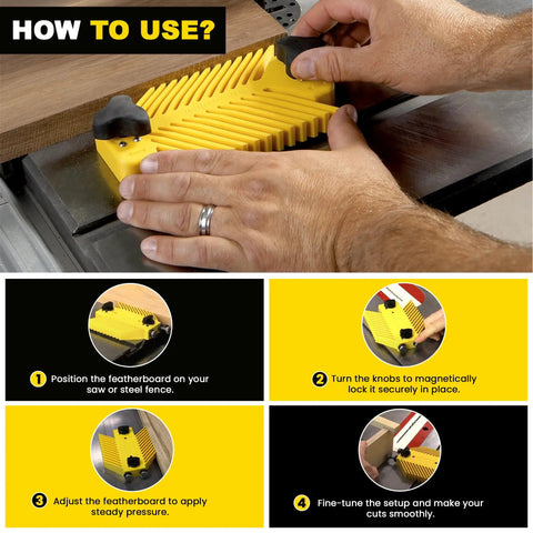 Heavy Duty Universal Featherboard For Table Saw Woodworking Grips Like An Iron works on blade, showing setup and use instructions.
