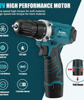 Close-up of a 12V high performance motor on a cordless drill from 206-Piece Cordless Drill And Tool Kit With LED Light.