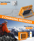 Rechargeable LED Work Light On The Go Portable Solar Powered Floor Lamp with 100W Output showing two charging methods