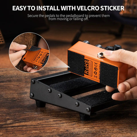 Attaching pedal to Grab-And-Go Guitar Pedalboard With Built-In Power Supply, Nine Independent Outlets Plus USB Port, Quiet, Short-Circuit Protected, Aluminum Alloy Frame, Measures 19 By 5.1 By 1.8 Inches, Includes Cables, Bag, And Hook-And-Loop Tape with velcro sticker