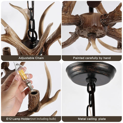 Collage of Antler Chandelier Light Fixture details showing chain, hand-painted antlers, E12 socket, and metal ceiling plate.