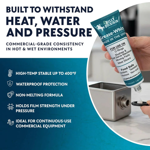 Pro Grade Food Safe Lubricant For Kitchen Gear And Food Contact Surfaces, 1oz tube being applied to equipment in a kitchen.