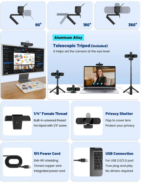 High Grade 1080P Webcam Goes Hard With Sturdy Metal Tripod And Dual Mics Deliver Zero Lag Zoom Chats And Twitch Streams For PC And Laptop Users Right Now, shown with adjustable angles and aluminum alloy design.