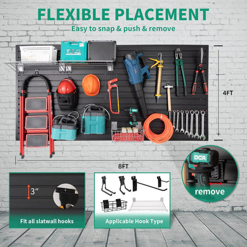 Black Slat Wall Paneling For Garage Storage showcasing tools and power tool organizer wall mount, PVC, 4x8 feet, on brick wall.