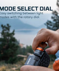 Person adjusting mode select dial on Transcend 1500 Lumen Rechargeable Headlamp With USB-C, ideal for hiking.