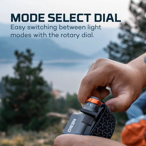 Person adjusting mode select dial on Transcend 1500 Lumen Rechargeable Headlamp With USB-C, ideal for hiking.