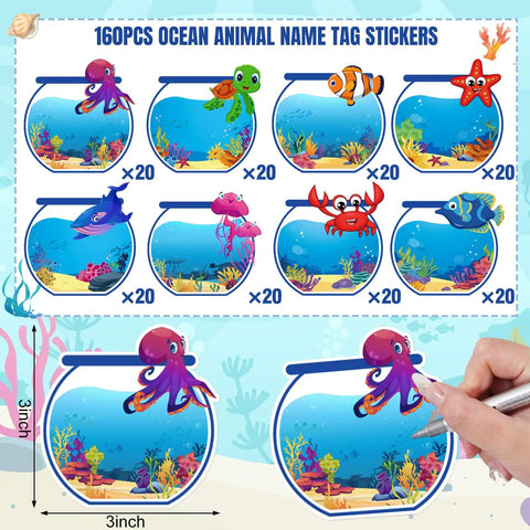 160 Ocean Animals Name Tag Stickers Set With Eight Cute Sea Creature Designs For Back To School Self Adhesive