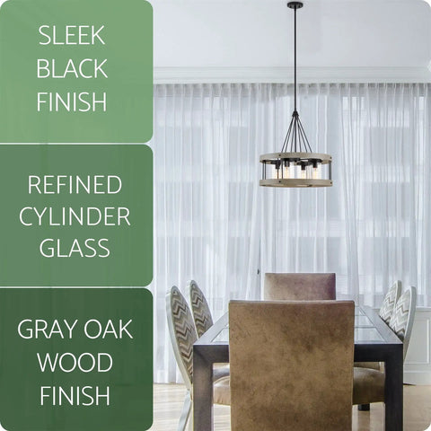 Hayden 25 Inch 4 Light Modern Farmhouse Drum Pendant Light With Cylinder Glass Shades In Gray Oak Finish, Dining Room View