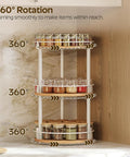 Three Tier Lazy Susan Rotating Spice Rack Featuring Smooth Ball Bearing Turntable System For Hassle Free Pantry Access White Natural Wood Countertop Organizer with spices