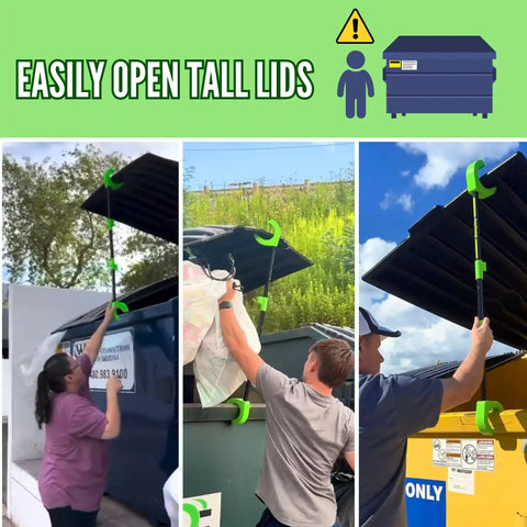Sturdy Plastic Dumpster Lid Prop Stick With Three Foot Reach Keeps Your Grubby Paws Clean While Liftin Heavy Plastic Bins For Residential Trash Recycling Safe Sanitary Hook Makes Garbage Runs An Absolute Cinch in use, showing users lifting lids.