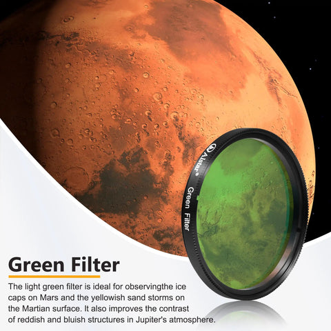 Green filter from Deluxe 2 Inch LRGB Filter Set for Monochrome CCD Cameras with Mars background for astrophotography.