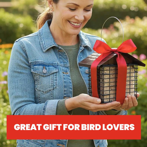 Woman holding Double Suet Cake Feeder With Weather Guard Built To Last Steel Construction Black Powder Coat Finish with ribbon