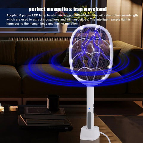 2-In-1 Handheld Electric Fly Swatter Zapper With 3000V High Voltage, Plug-In Mosquito Killer Light Trap Displayed on Table