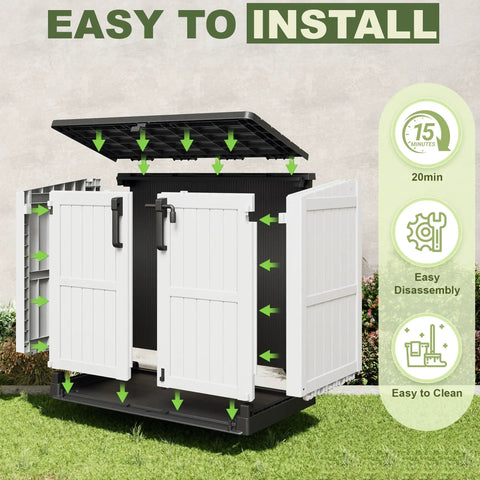 Spacious 36 Cu Ft Plastic Outdoor Storage Shed With Wood Grain Finish Waterproof Backyard Cabinet Dual Lock Doors open view