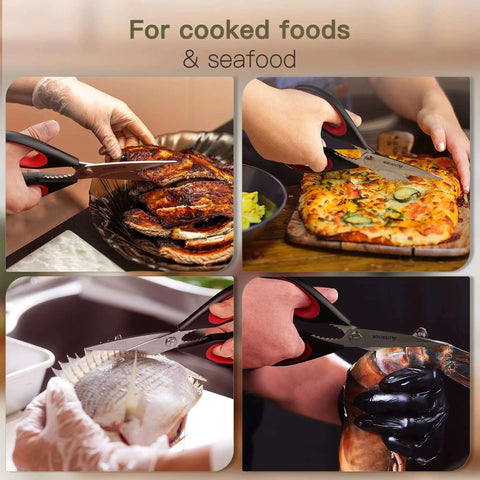 Heavy Duty Kitchen Scissors Three Pack Set Stainless Steel Kitchen Shears cutting meat, pizza, fish, and seafood.