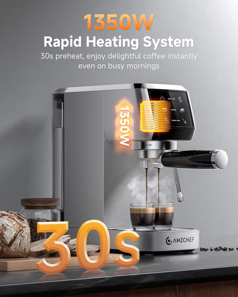 20 Bar Espresso Machine With Milk Frother For Rich Crema At Home, Lightning Fast 30 Second Preheat, 1350W High Pressure Coffee Maker