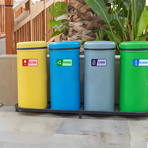 Four Pack Recycle Stickers For Trash Bins Self Adhesive Waterproof Durable And Fade Resistant Recycling Labels For Paper Glass Plastic And Cans Great For Home Office Apartment Hotel School And Public Areas on colored bins