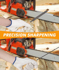 Person using Pro Grade All In One Chainsaw Chain Sharpener Kit With Sixteen Pieces Including Files Depth Gauge Stump Vise Felling Wedge