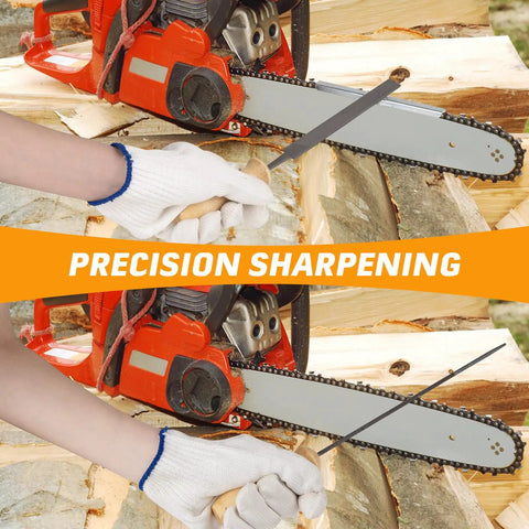 Person using Pro Grade All In One Chainsaw Chain Sharpener Kit With Sixteen Pieces Including Files Depth Gauge Stump Vise Felling Wedge