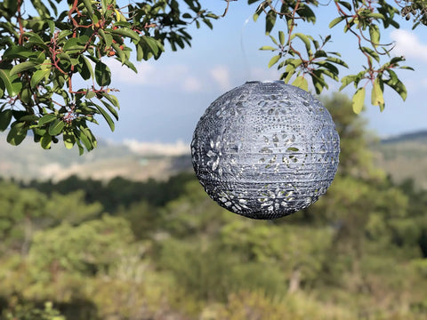 Boho Outdoor Solar Lantern With Weatherproof Tyvek Fabric, Dual White LEDs, Stainless Steel Frame, Easy Hang Design, garden view