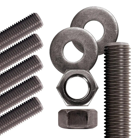 Grade B7 Unfinished Threaded Rod Kit, Three Quarter Inch Diameter, Thirty Six Inch Length, Ten Threads Per Inch Coarse UNC, All Thread Rods, Includes Twelve Hex Nuts And Twelve Flat Washers, ASTM A193 Grade B7 Compliance, Six Pack.