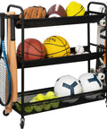 Heavy Duty Basketball Storage Rack With 3 Shelves And Rolling Wheels Beast Steel Stand full of sports equipment