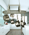 Oil Rubbed Bronze Two Light Kitchen Pot Rack With Downlights, 35.5 Inch L, hangs in modern kitchen with pots and pans.