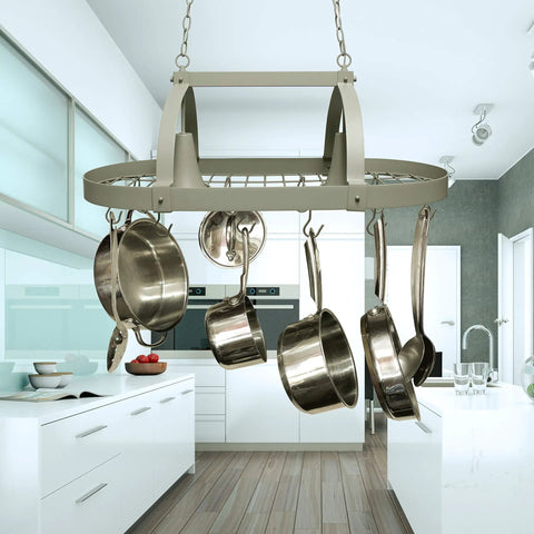 Oil Rubbed Bronze Two Light Kitchen Pot Rack With Downlights, 35.5 Inch L, hangs in modern kitchen with pots and pans.