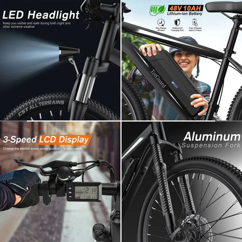 Beast Electric Bike For Adults 27.5 Inch 500W Ebike with removable battery, LED headlight, 3-speed LCD, and aluminum suspension fork