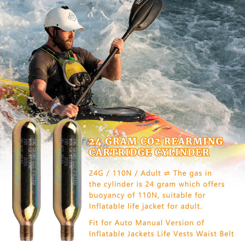 Two 24 Gram CO2 Rearming Cylinders With Half Inch Thread Replacement For Auto And Manual Inflatable Life Jackets Vests PFDs