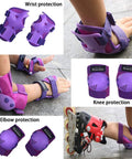 Kids Knee Pads Elbow Pads And Wrist Guards Set For Multi Sport Adventures shown on child's arms and legs, purple color.