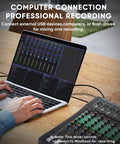 Person using a laptop connected to an 8 Channel DJ Audio Mixer With Reverb And Bluetooth Pro Grade Studio Quality Sound Console.