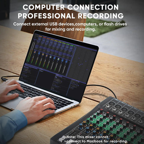 Person using a laptop connected to an 8 Channel DJ Audio Mixer With Reverb And Bluetooth Pro Grade Studio Quality Sound Console.
