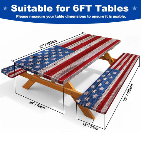 American Flag Picnic Table Cover Set With Bench Covers For 72 By 30 Inch Tables And 72 By 12 Inch Benches Waterproof Windproof Elastic Fitted