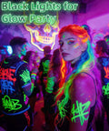 Group at party with 100W LED Black Light Flood Light 2 Pack Totally Lit Ultra Bright UV Glow For Halloween Parties
