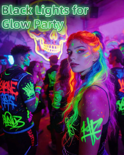 Group at party with 100W LED Black Light Flood Light 2 Pack Totally Lit Ultra Bright UV Glow For Halloween Parties
