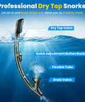 Image of a dry snorkel with dry top valve, quick adjustment button buckle, flexible tube, and drain valve for snorkeling gear.