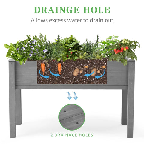 Waist-Height Raised Garden Bed With Legs, 48 By 24 By 30 Inch Solid Wood Planter Box Stand With Liner showing drainage holes and plants
