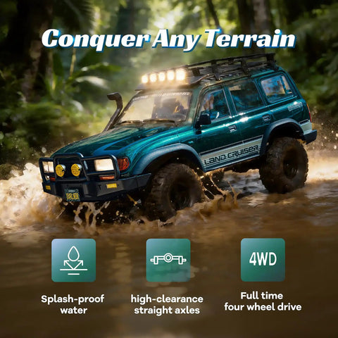 Toyota Licensed LC80 One Tenth Scale Brushless RC Crawler with 4x4 Real Off Road Power crossing water terrain