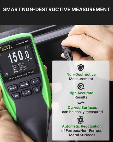 Coating Thickness Gauge Pro Grade For Automotive And Industrial QC With 0.1 Micron Resolution Fe And NFe Auto Detection External Probe For Steel And Aluminum 0 To 1250 Micrometers, handheld