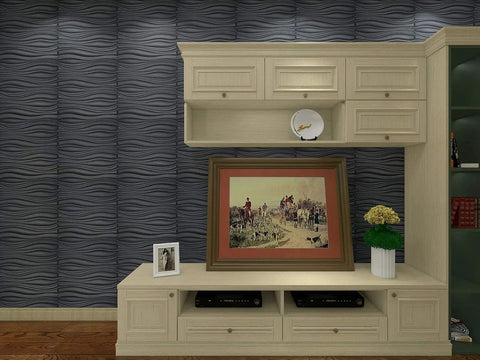 Dope 3D Leather Wall Tiles Set 6 Pack Black Wave Panels 23.6 Inch Square Each, elegant accent wall behind modern beige furniture.