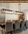 Slick Black 6 Light Linear Chandelier, Modern Farmhouse Rectangle Island Lamp With No Sweat Adjustable Mounting in dining area.