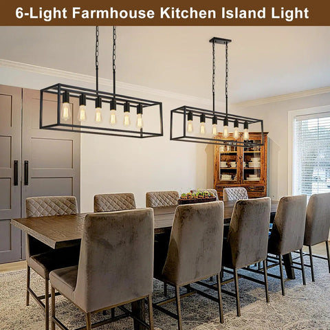 Slick Black 6 Light Linear Chandelier, Modern Farmhouse Rectangle Island Lamp With No Sweat Adjustable Mounting in dining area.