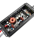 Internal view of Beefy 600W RMS Two Channel Marine Amplifier With 1200W Peak Bridgeable Micro Class D IPX67 Waterproof electronics.
