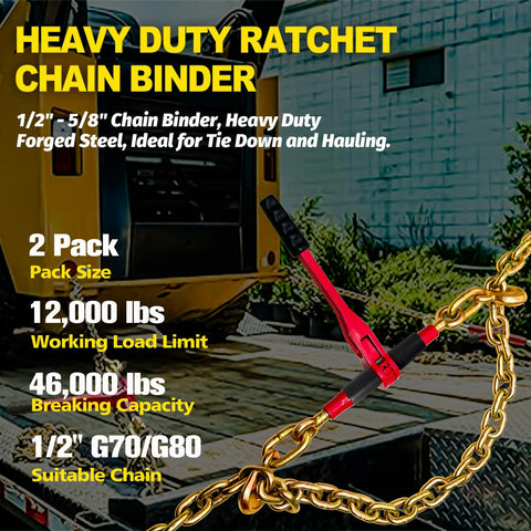 Image of Beefy Heavy Duty Ratchet Chain Binders One Half To Five Eighths Inch Two Pack With Clevis Hooks 13000 Pound Working Load Secure Tie Down