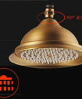UBNMIUBV Shower System 8" rain showerhead in antique brass with 360° swivel, designed for outdoor use and easy maintenance.