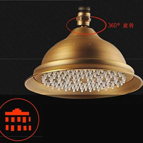 UBNMIUBV Shower System 8" rain showerhead in antique brass with 360° swivel, designed for outdoor use and easy maintenance.