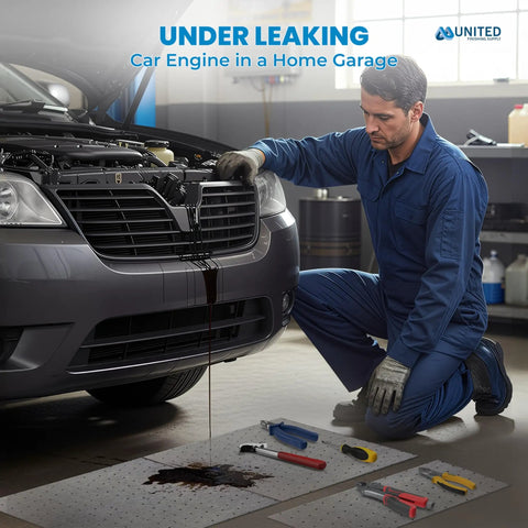 Heavy Duty Oil Absorbent Pads Suck Up Grease And Fuel Like A Champ, Tear Resistant Hydrophobic Mats catching oil under leaking car engine.